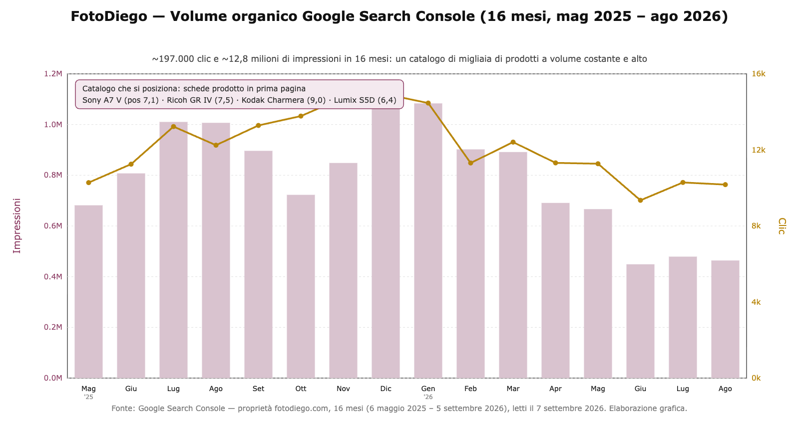 Grafico Google Search Console di fotodiego.com: clic e impressioni mensili su 16 mesi, circa 197.000 clic e 12,8 milioni di impressioni
