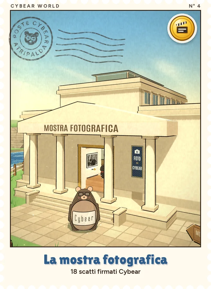 Il francobollo della mostra fotografica: il museo con il colonnato e l’orso sui gradini