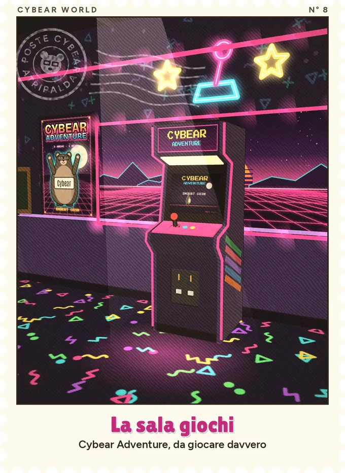 Il francobollo della sala giochi: il cabinato di Cybear Adventure con la sua locandina, tra le luci al neon
