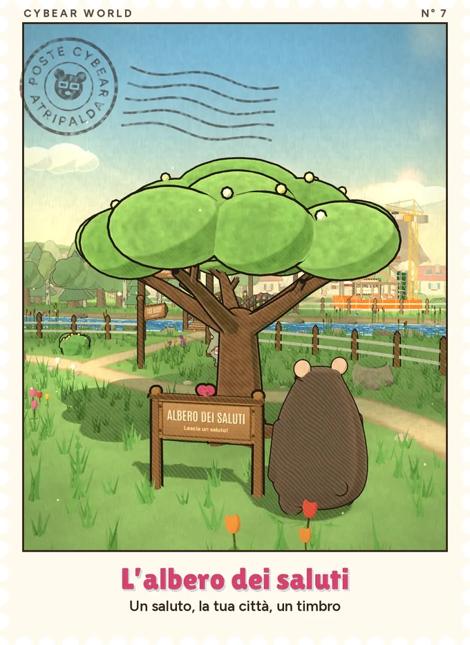 Il francobollo dell’albero dei saluti: l’orso di Cybear accanto alla targa, sotto un grande tiglio in fiore