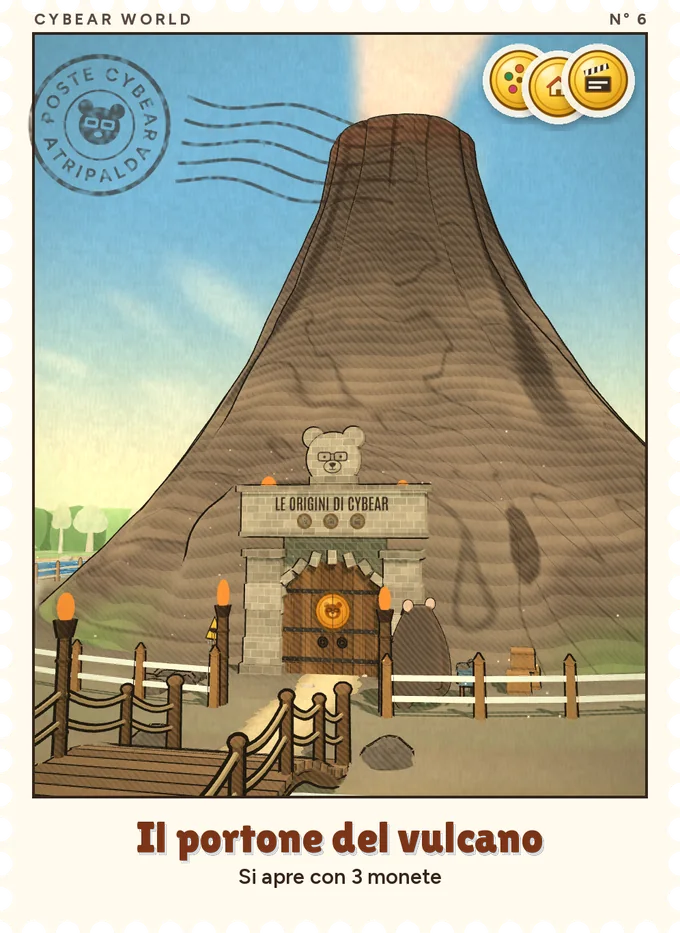 Il francobollo del vulcano: il portone gigante con la scritta Le origini di Cybear