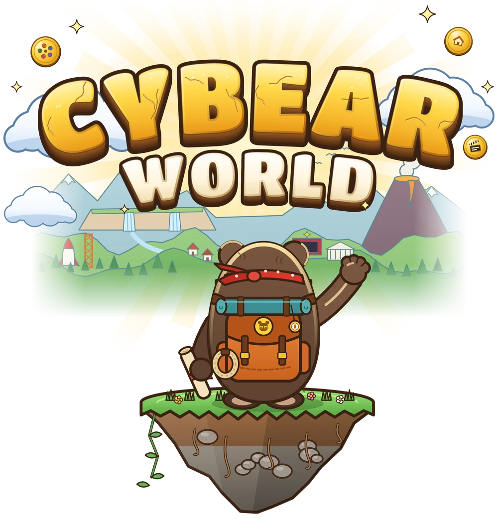 Cybear World, il logo: l’orso di Cybear visto di spalle, con lo zaino e la mappa, saluta con la zampa alzata da un’isola sospesa sopra il mondo